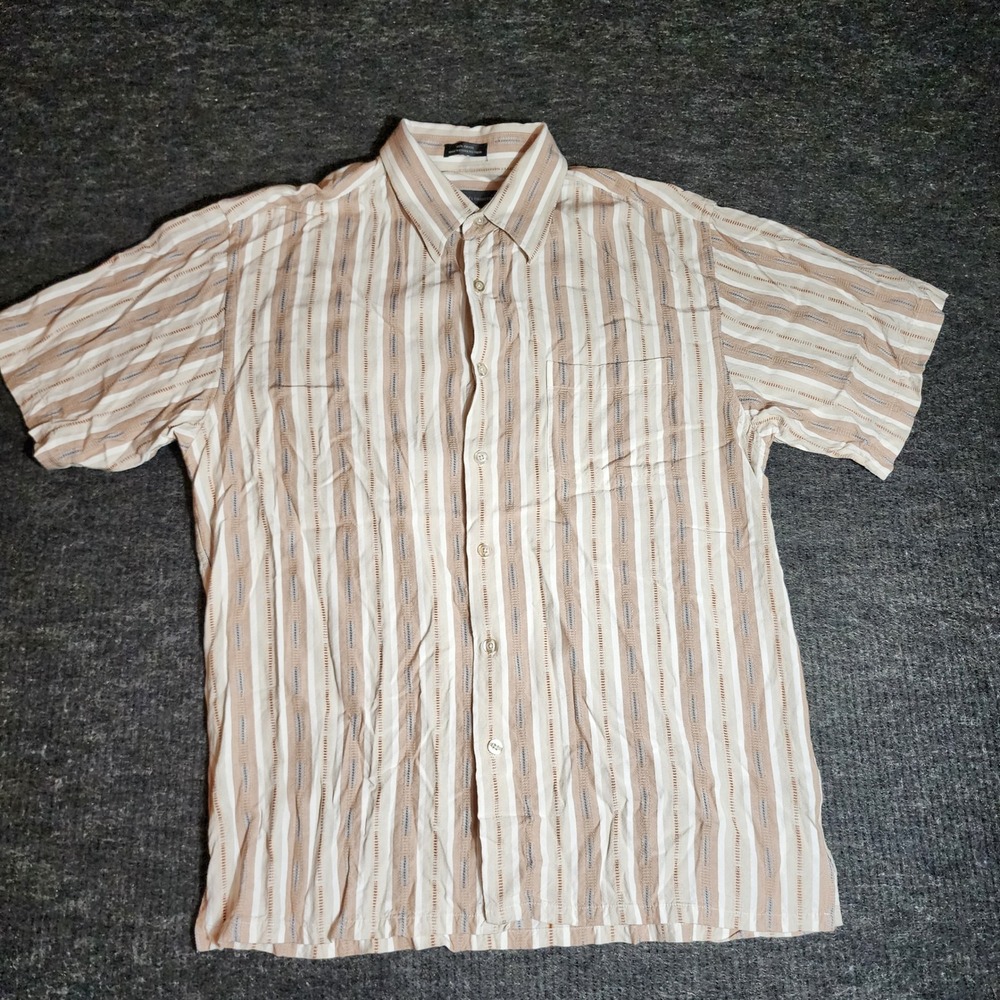 Michael Brandon Large Rayon Short Sleeve Button Down Striped Shirt Tan (D17-1)